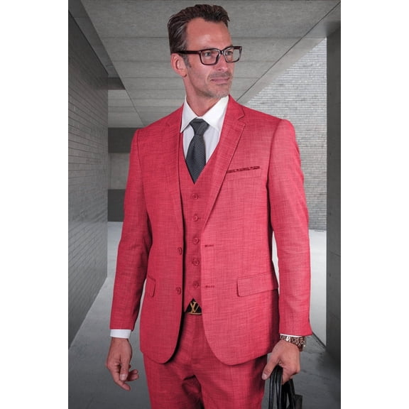 Men's Designer Modern Fit Vested Wool Sharkskin Suit in Magenta - Pink / 56 Long