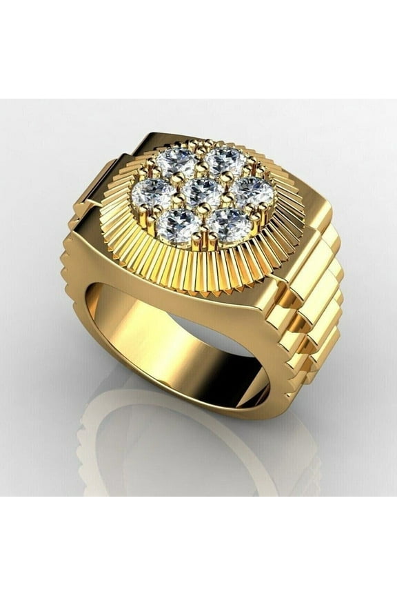 Men's Designer Ring 14K Yellow Gold Plated 925 Silver 2Ct Round Lab Created VVS1/D Diamond