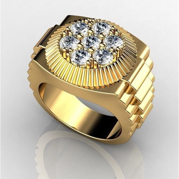 Men's Designer Ring 14K Yellow Gold Plated 925 Silver 2Ct Round Lab Created VVS1/D Diamond