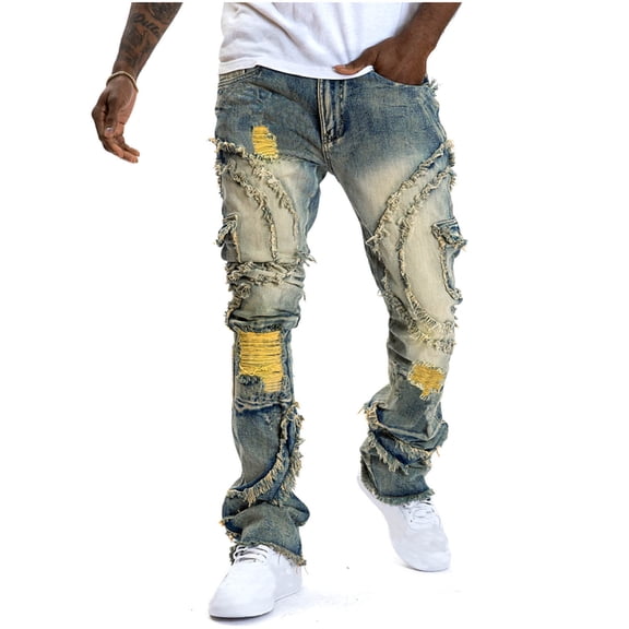 Men's Designer Straight Slim Fit Patchwork Ripped Distressed Jeans Comfort Skinny Biker Denim Pants Bootcut Stacked Jeans Yellow