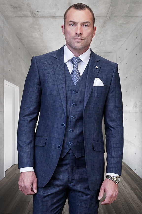 Men's Designer Two Button Vested Wool Suit in Indigo Blue Plaid - Indigo / 46 Long