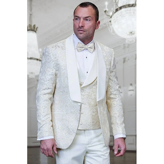 Men's Designer Vested Wedding & Prom Tuxedo in Ivory Off White & Gold Floral Paisley