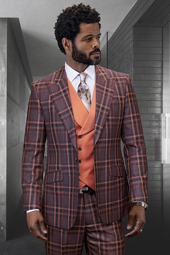 Men's Designer Wool Vested Suit Copper reddish-orange brown Windowpane 48 Regular