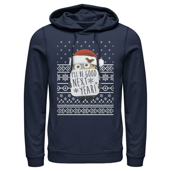 Men's Despicable Me Christmas Good Minion Pull Over Hoodie Navy Blue 2X Large