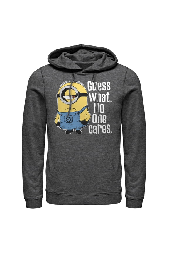 Men's Despicable Me Minion No One Cares Pull Over Hoodie Charcoal Heather X Large