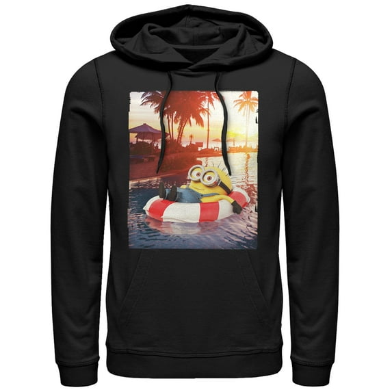 Men's Despicable Me Minion Tropical Vacation Pull Over Hoodie Black 2X Large