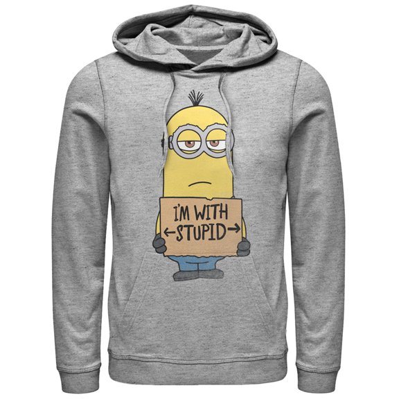 Men's Despicable Me Minion With Stupid  Pull Over Hoodie Athletic Heather 2X Large