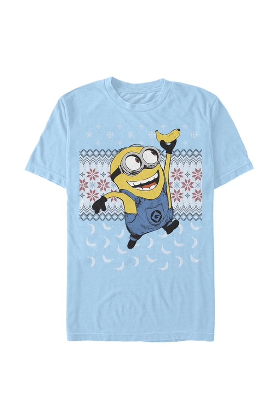Men's Despicable Me Ugly Christmas Minons Banana  Graphic Tee Light Blue Medium