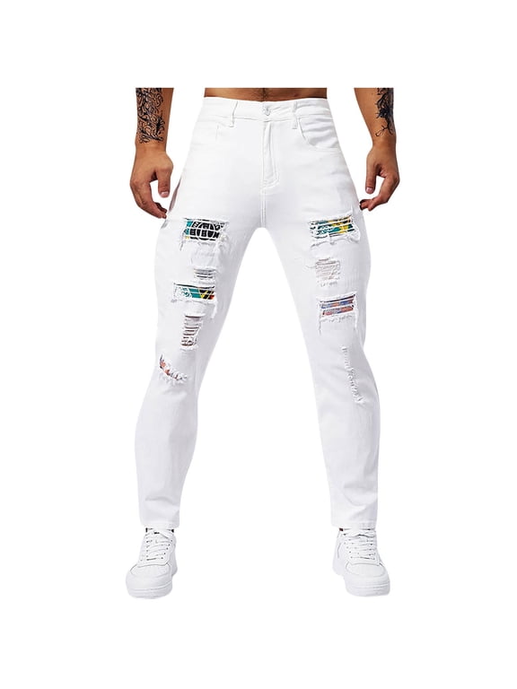 Men's Destroy Ripped Casual Patch Pocket Solid Color Elastic Tight Fitting Small Leg Denim Pants White