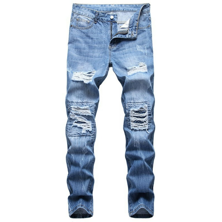 Men's Destroyed Skinny Jeans Stretch Slim Fit Ripped Patched Washed Denim  Jeans Vintage Distressed Straight Jean Pants