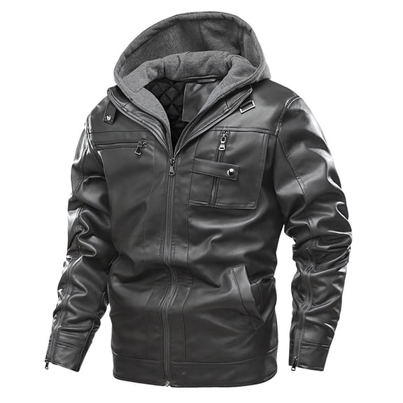 Men's Detachable Hood Leather Jacket European Style Business Casual Outerwear Comfortable Trendy Loose Fit Coat