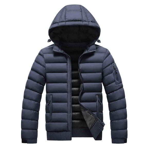 Men's Detachable Hooded Jackets Stand Collar Front Zip Solid Color Outwear Thermal Casual Winter Coat With Pockets (L, Blue-A)