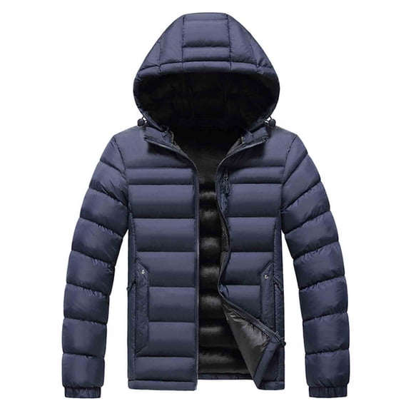 Men's Detachable Hooded Jackets Stand Collar Front Zip Solid Color Outwear Thermal Casual Winter Coat With Pockets (XXL, Blue)