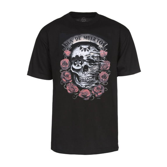 Men's "Dia De Muertos" Skull with Roses T-Shirt - Black - Large