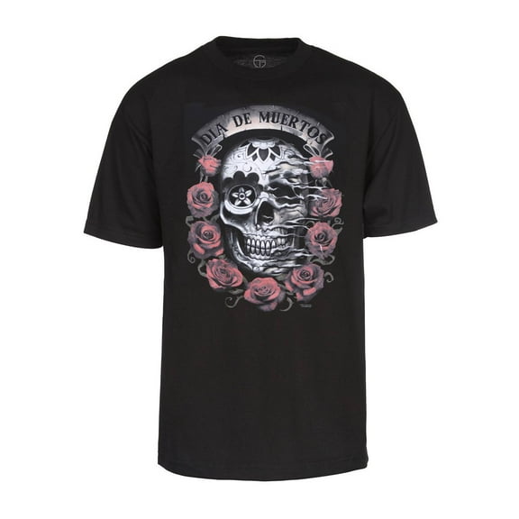 Men's "Dia De Muertos"  Skull with Roses T-Shirt - Black - Large