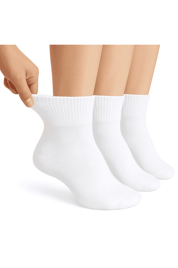 Men’s Diabetic Ankle Socks 3 Pairs, Soft Cotton, Non-Binding Seamless Toe, Cushioned (White, 9-11)