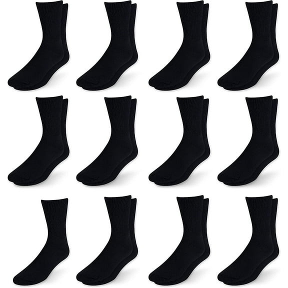 Men's Diabetic Cotton Crew Socks - Loose Fitting Non-Binding Top Circulatory Cushion Bottom Black 12 Pairs, 10-13