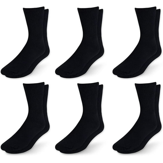 Men's Diabetic Cotton Crew Socks - Loose Fitting Non-Binding Top Circulatory Cushion Bottom Black 6 Pairs, 13-15