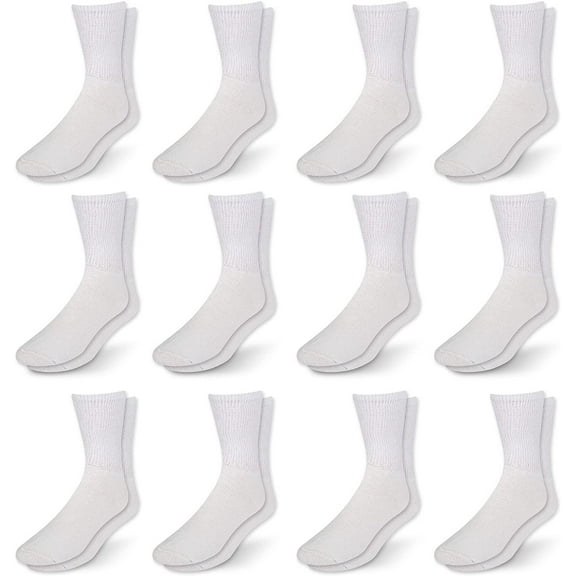 Men's Diabetic Cotton Crew Socks - Loose Fitting Non-Binding Top Circulatory Cushion Bottom White 12 Pairs, 10-13