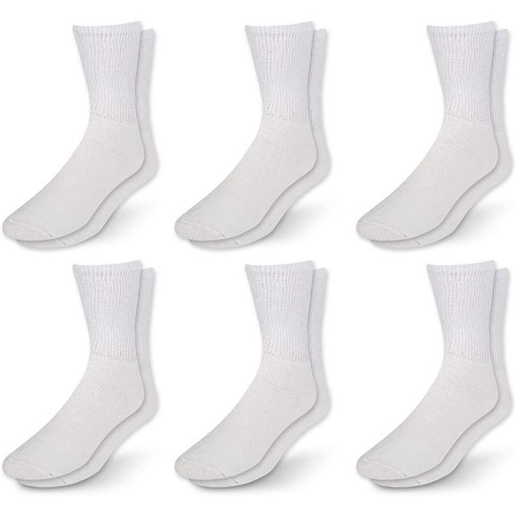 Men's Diabetic Cotton Crew Socks - Loose Fitting Non-Binding Top Circulatory Cushion Bottom White 6 Pairs, 13-15