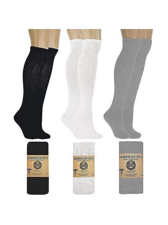 Men's Diabetic Over The Calf CREW SOCKS ”circulatory Health ~OTC~Knee High" (6 Pairs White Socks Size 13-15)