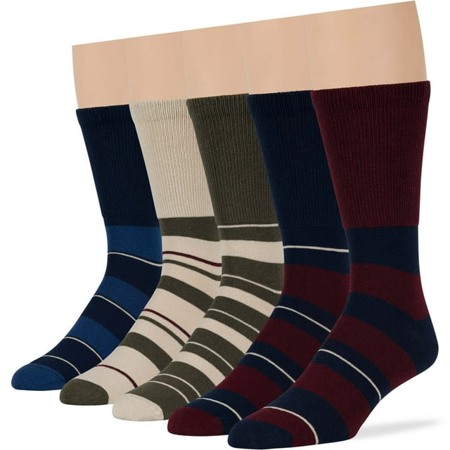 Men's Diabetic Seamless Cotton Crew Socks 5 Pack Big Tall Stripe