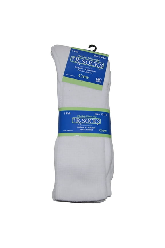 Men's Diabetic Socks XL Non-Binding Crew Length White, 13-16, 3 Pairs