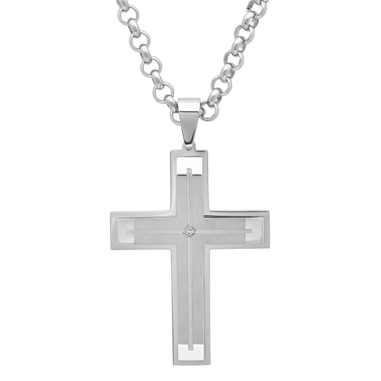 Men's Diamond Accent Stainless Steel Cross Pendant – 24 Inches