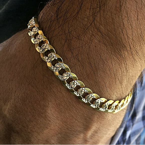 Men's Diamond Cut Bracelet 14K Gold Plated On Solid 925 Sterling Silver Two Tone Cuban Link 8.5" Inch x 8MM Thick