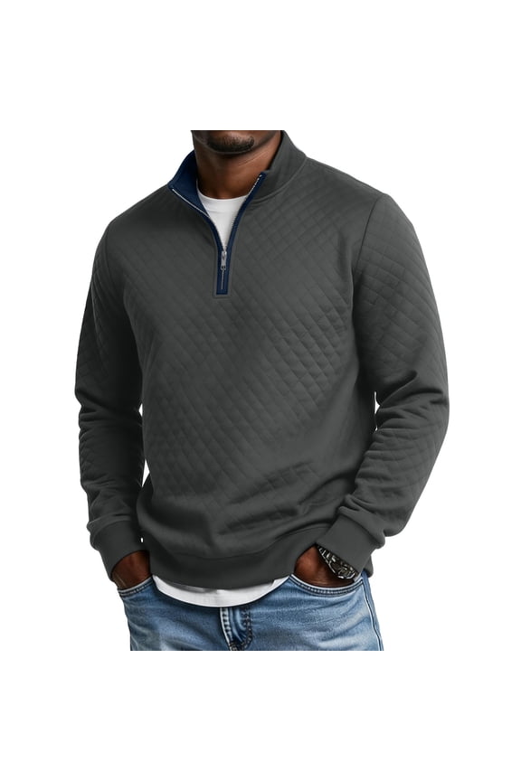 Men's Diamond Quilted Half-Zip Pullover Sweatshirt with Stand Collar Casual Long Sleeve Top for Fall Winter Outdoor Wear