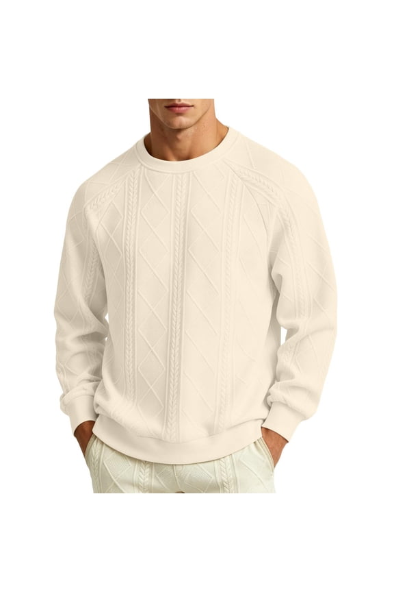 Men's Diamond Quilted Texture Crew Neck Sweatshirt, Loose Fit Raglan Long Sleeve Casual Pullover Top for Fall Winter Street Commute Wear Beige