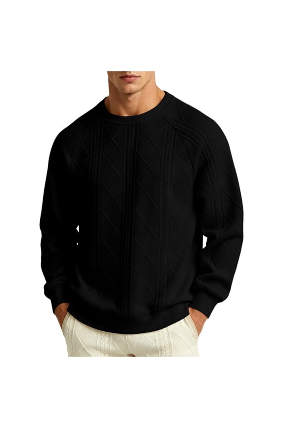 Men's Diamond Quilted Texture Crew Neck Sweatshirt, Loose Fit Raglan Long Sleeve Casual Pullover Top for Fall Winter Street Commute Wear Black
