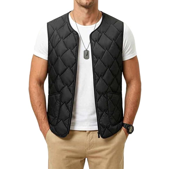 Men's Diamond Quilted Vest V‑Neck Full Zip Sleeveless Lightweight Layering Casual Outerwear for Spring Fall Daily Outing Black XXL
