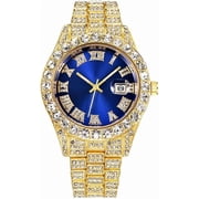 Mens Diamond Watch Fashion Crystal Rhinestone Quartz Analog Watch Iced-Out Bracelet Wrist Watch