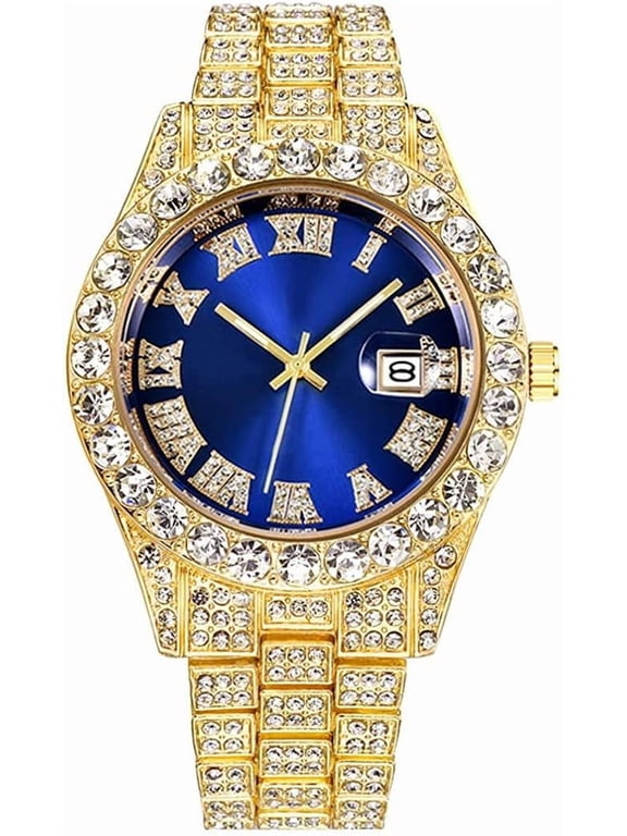 Men's Diamond Watch Fashion Crystal Rhinestone Quartz Analog Watch Iced-Out Bracelet Wrist Watch