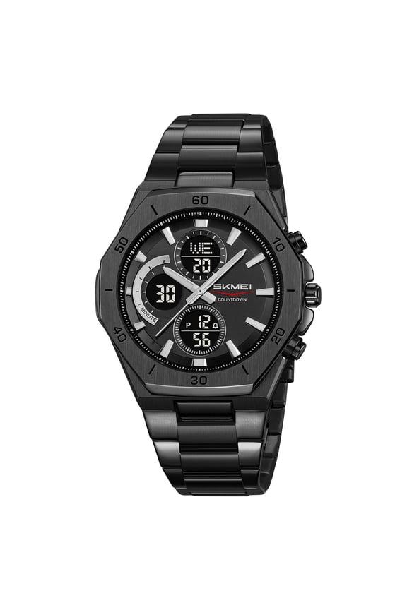 Men's Digital Analog Dual Display Watch - Waterproof Military Sport Watch with Stainless Steel Band, Alarm, Luminous Light