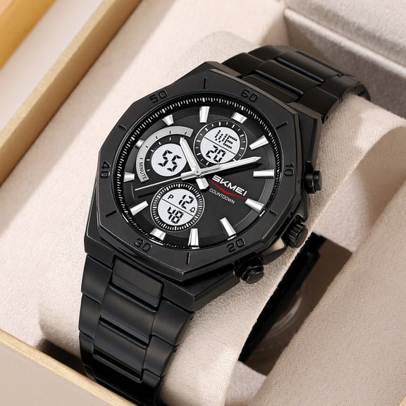 Men's Digital Analog Dual Display Watch - Waterproof Military Sport Watch with Stainless Steel Band, Alarm, Luminous Light