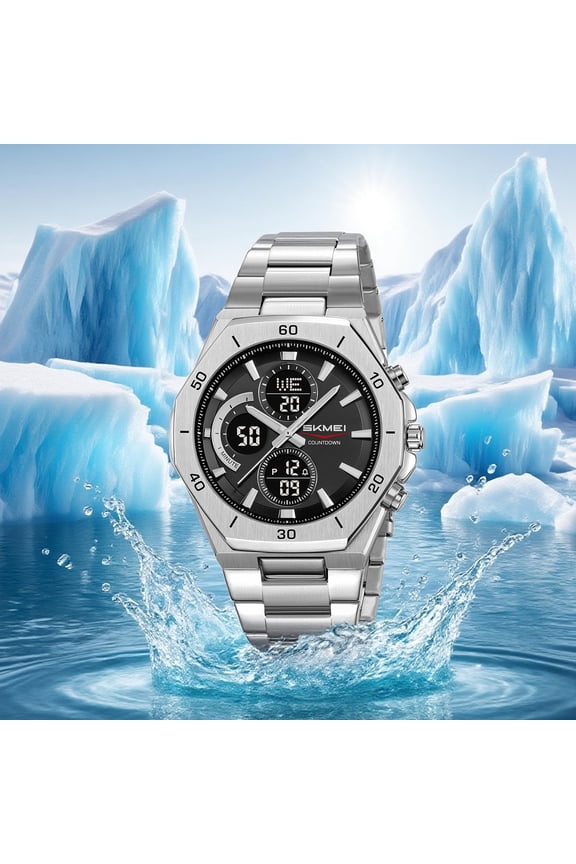 Men's Digital Analog Dual Display Watch - Waterproof Military Sport Watch with Stainless Steel Band, Alarm, Luminous Light