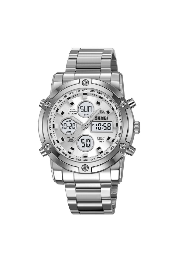 Men's Digital Analog Watch, Military Sport Style with Stainless Steel Band, Large Luminous Display, 50M Water Resistant, Multi-Function Digital Watch, Gift for Dad