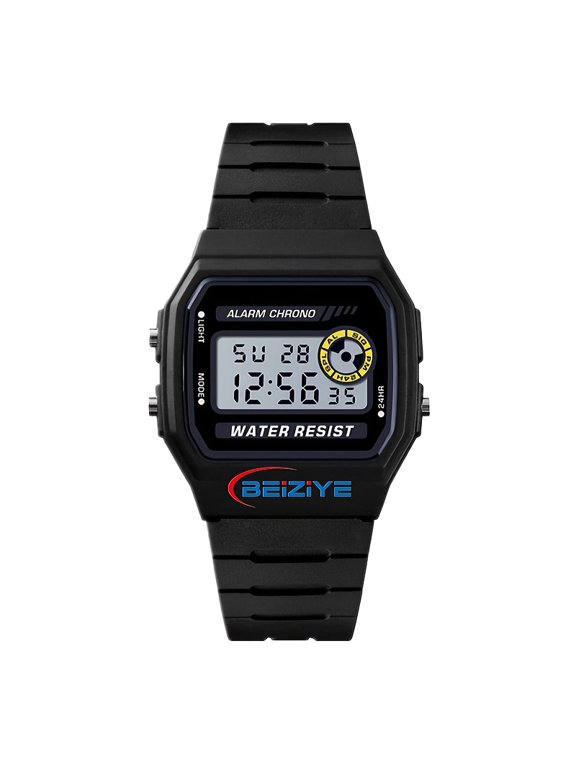 Men's Digital Chronograph Watch Black Resin Sport LED Backlight Alarm Electronic Stopwatch Casual
