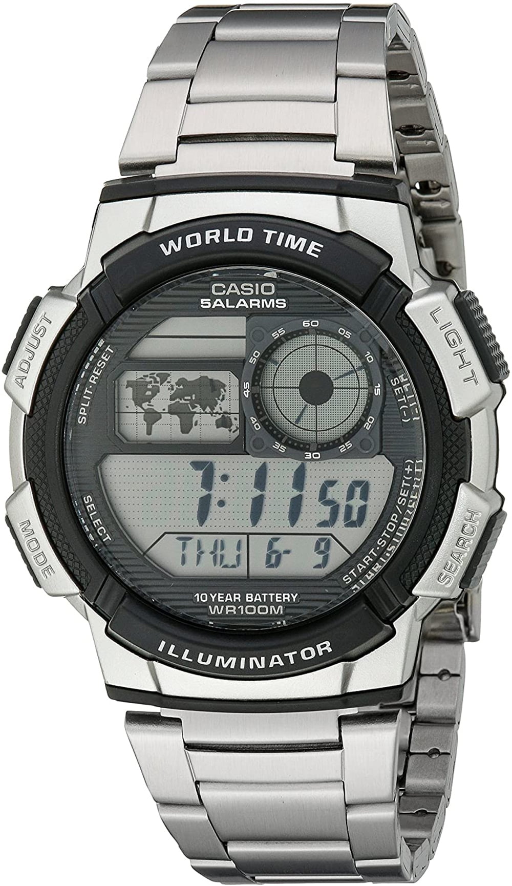 Casio Men's World Time Digital Sport Watch, Black/Silver AE1000W-1BV 