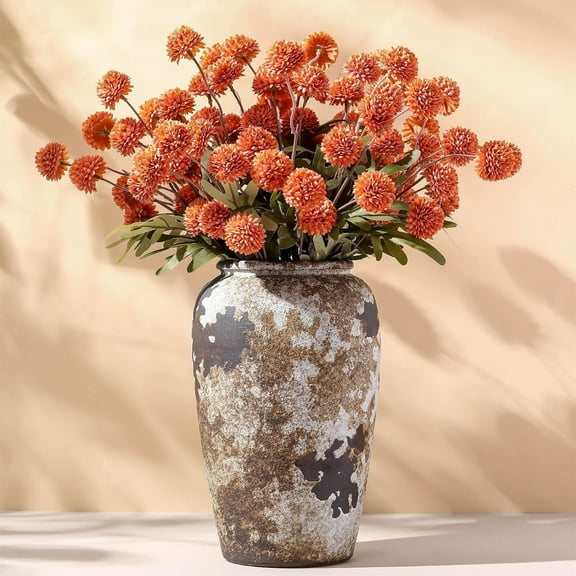 BITOUSHI Artificial Fall Flowers, Faux Kiku Flowers Artificial 10 Stems, Assorted Fake Silk Mums Fall Florals Autumn Decor, Terracotta Mini Floral Balls Faux Stems For Vase - Orange