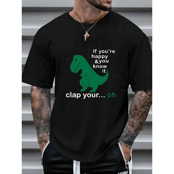 Men's Dinosaur Slogan Printed Round Neck Casual Commuter T-Shirt