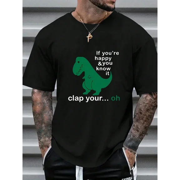Men's Dinosaur Slogan Printed Round Neck Casual Commuter T-Shirt