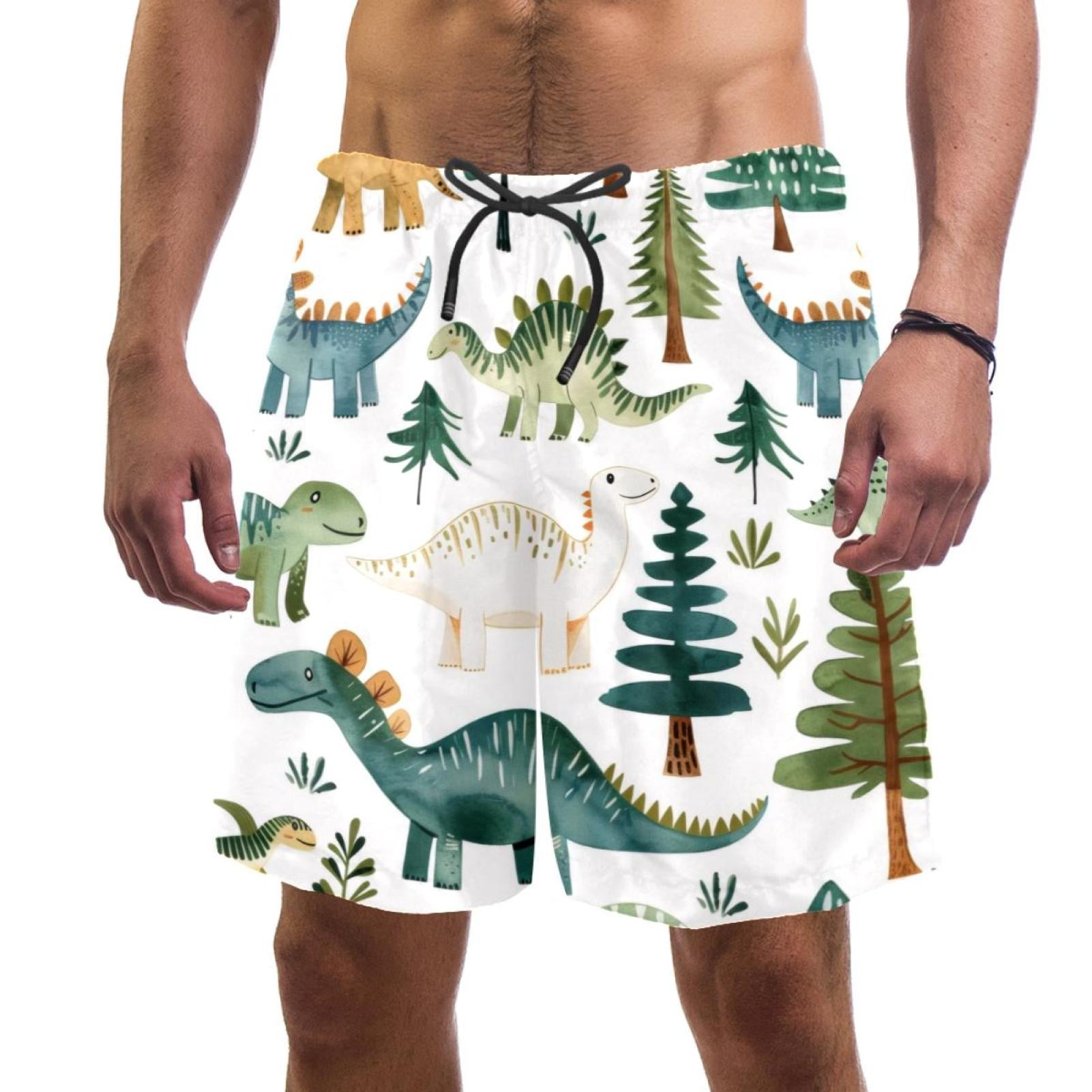 Men's Dinosaurs Trees Swim Trunks Quick Dry Board Shorts Bathing Suits