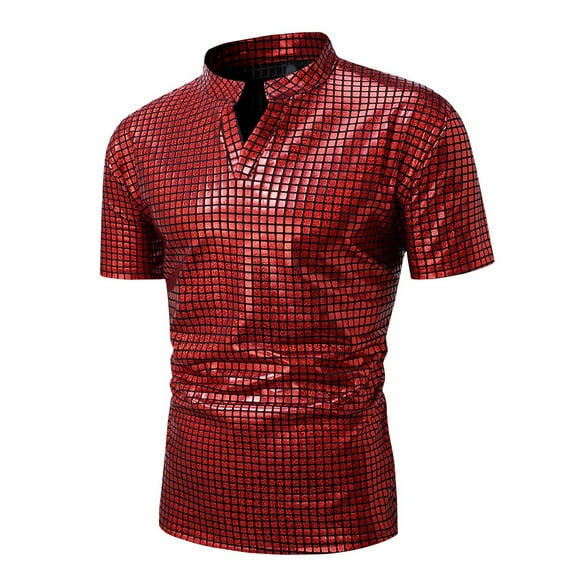 Men's Disco Shirt Shiny Sequin Short Sleeve Party Polo Shirt Trendy Nightclub Dance Costume T-Shirt