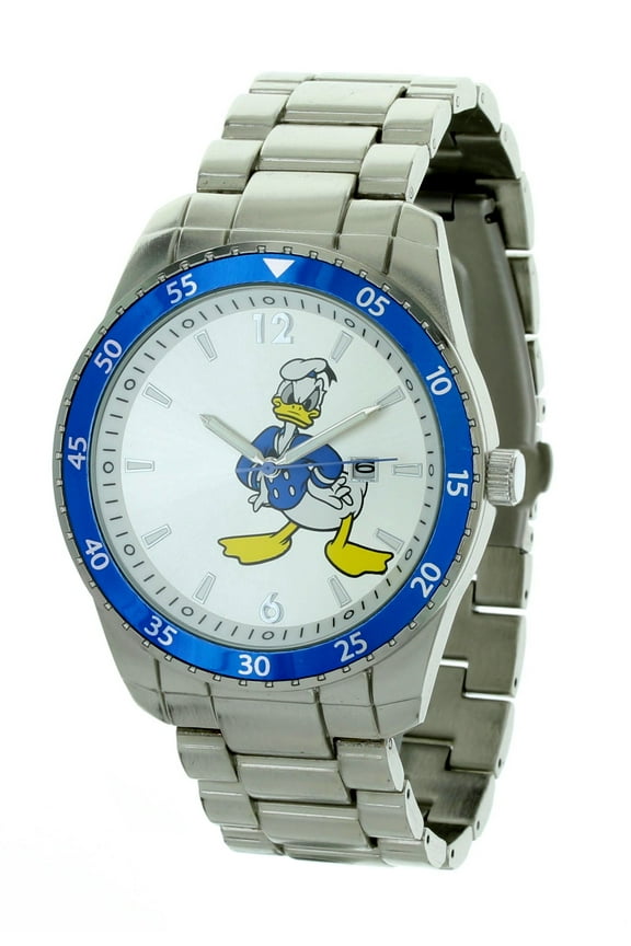 Men's  Disney Donald Duck Silver Dial Metal Strap Watch With Blue Bezel And Date DD2071LG