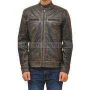 Men s Distress Black Vintage Caf  Racer Genuine Leather Jacket