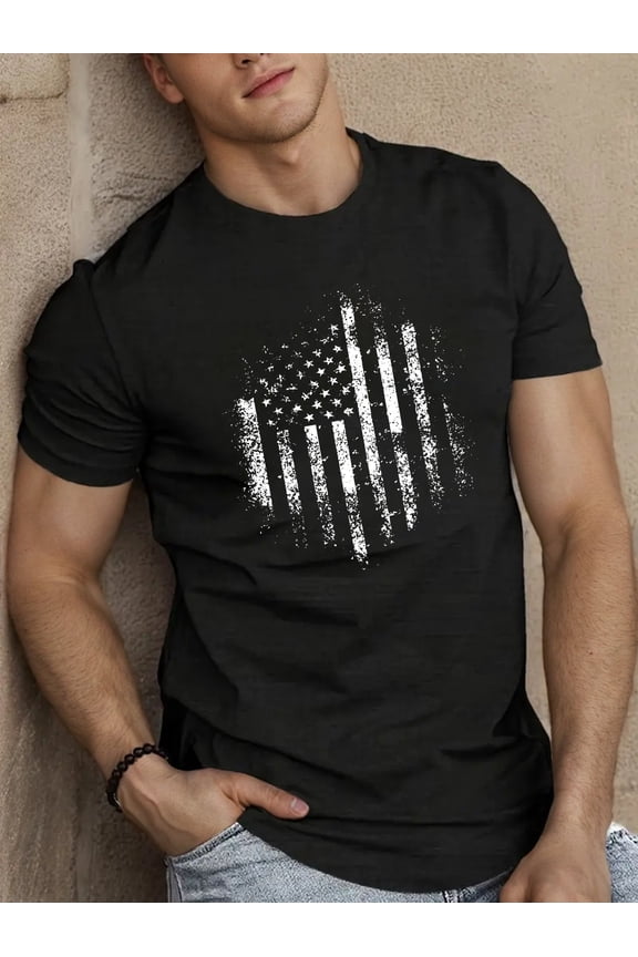 Men's Distressed American Flag Graphic T-Shirt Retro Patriotic USA Flag Short Sleeve Casual Black Tee