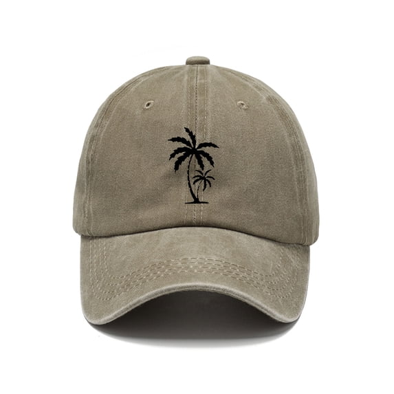 Men's Distressed Baseball Cap, Vintage Washed Cotton Dad Hat with Palm Tree Embroidery, Soft Top Adjustable Trucker Hat for Casual Style, Outdoor, and Daily Sun Protection-Khaki